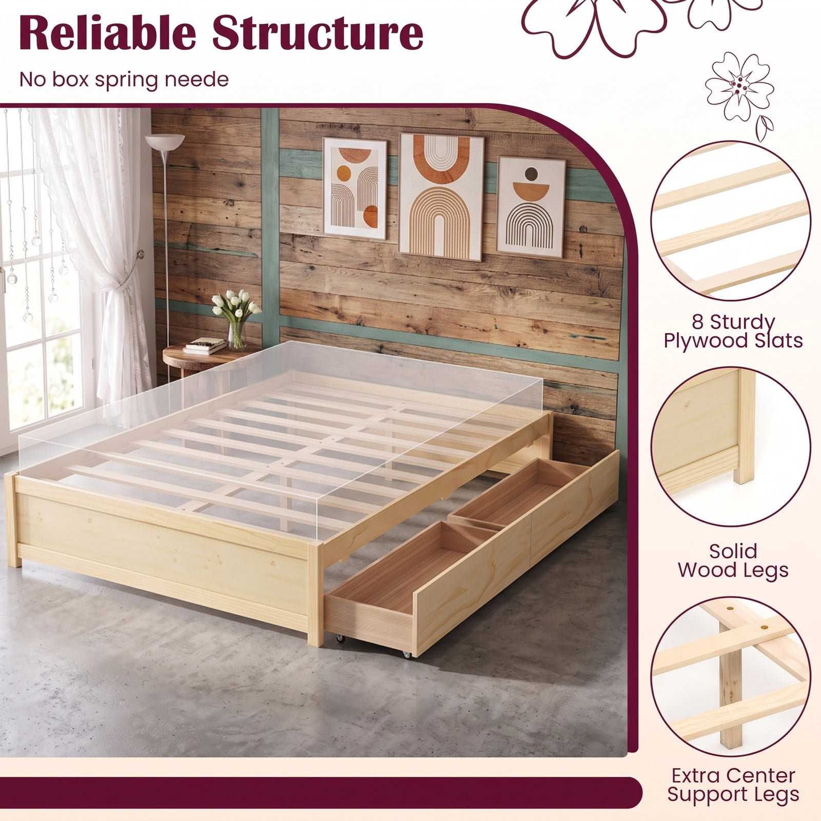 Furnibear Full Size Bed Frame with Storage, Wooden Platform Bed Frame with 2 Rolling Drawers, Full Bed Frame No Box Spring, Natural