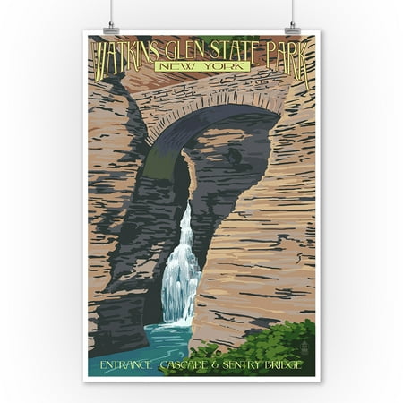 State Park Entrance - Watkins Glen State Park, New York - Entrance Cascade & Sentry Bridge - Lantern Press Poster (9x12 Art Print, Wall Decor Travel Poster)