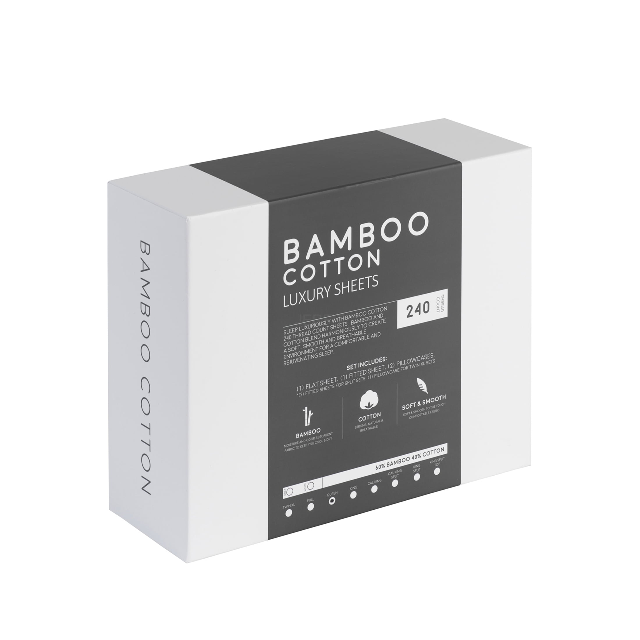 JERFIT Queen Bamboo Cotton Blend Sheets Set - 240 Thread Count, Grey, Cooling, Breathable, Moisture Wicking Bed Sheets
