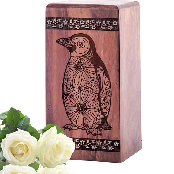 Penguin Wood Memorial Urn, Cremation Urns for Human Ash, Burial & Funeral Urn for Family, Small Keepsakes Wood Urns for Men and Women - 10inch, Large Size - Single 1Pcs