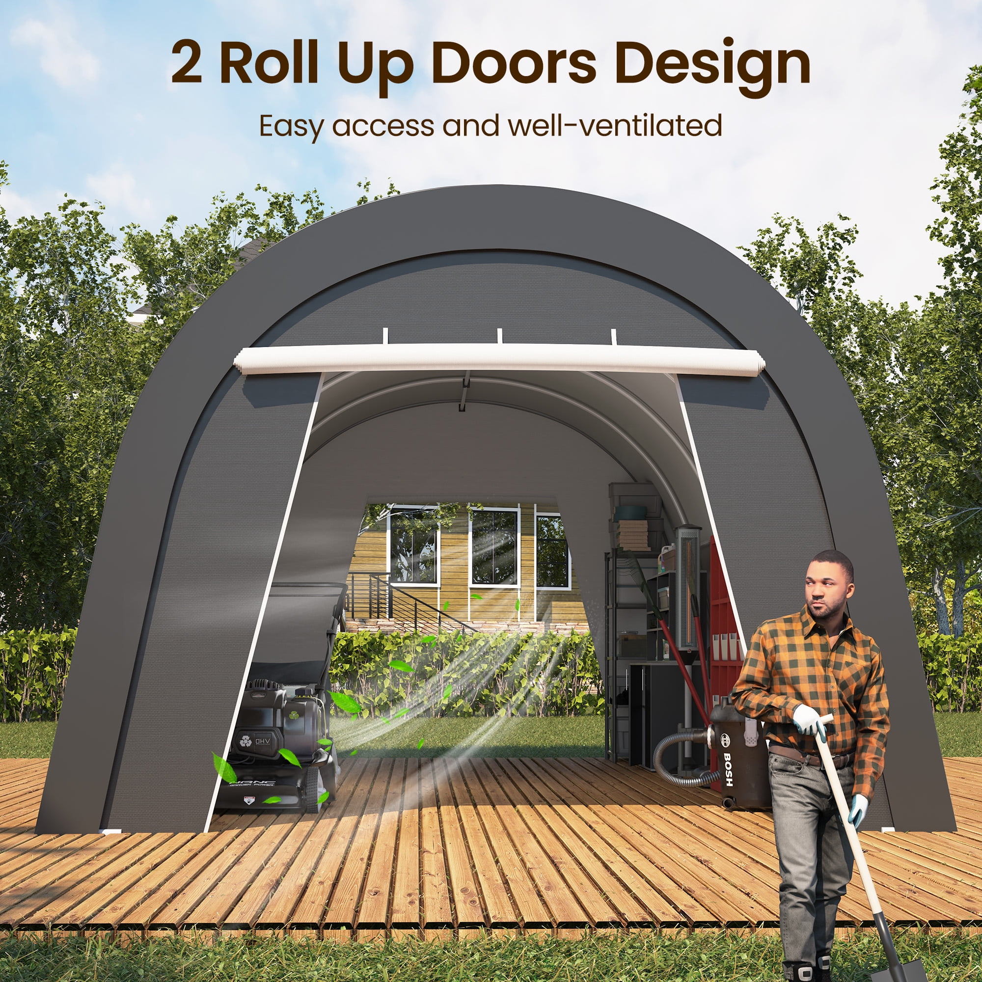 CozyHome 12' x 25' Domed Carport with 4 Cloth Bags, Portable Garage with 2 Roll-up Doors, All-Weather Storage Shelter Shed for Cars, Truck, or Garden Tools