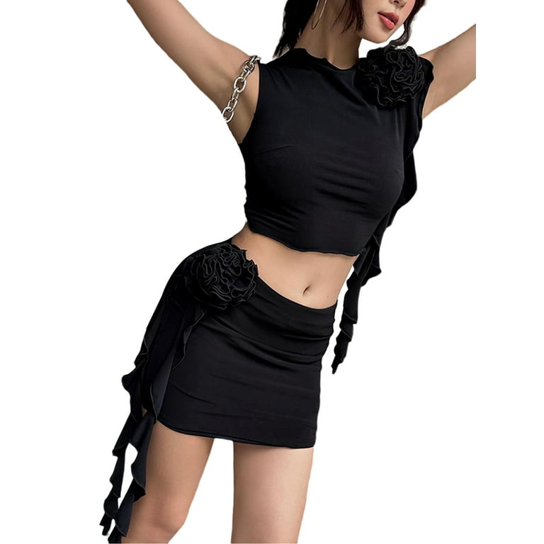 allshope Womens Summer Party Skirt Sets Outfits 3D Flowers Ruffles Tassel Sleeveless Tops Stretch Wrap Skirt Sets Walmart
