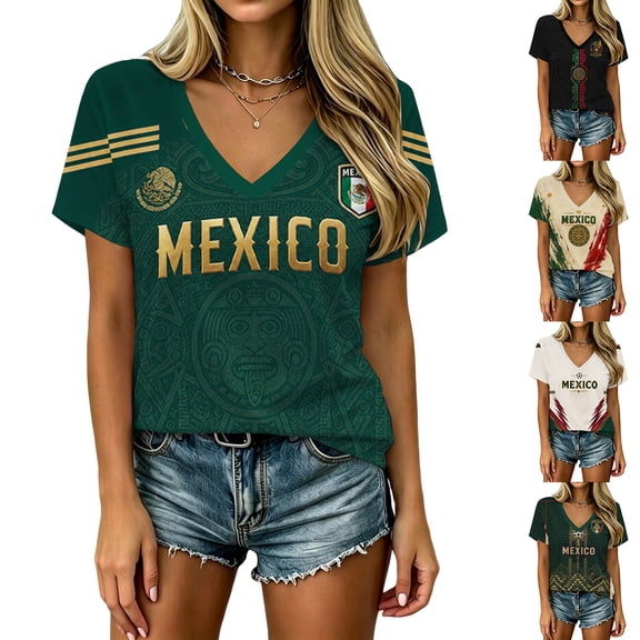 2026 New Mexico Soccer Jersey Adult, Mexican Jersey Soccer T-Shirt, Mexico National Team Pattern V-Neck Short Sleeve Athletic Casual Football Top for Adult