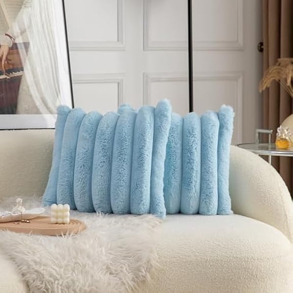 Eryueer Blue Faux Fur Cozy Soft Striped Decorative Throw Pillow Covers 26x26 inch Set of 2,Velvet Pillowcase Cushion Case for Sofa Couch