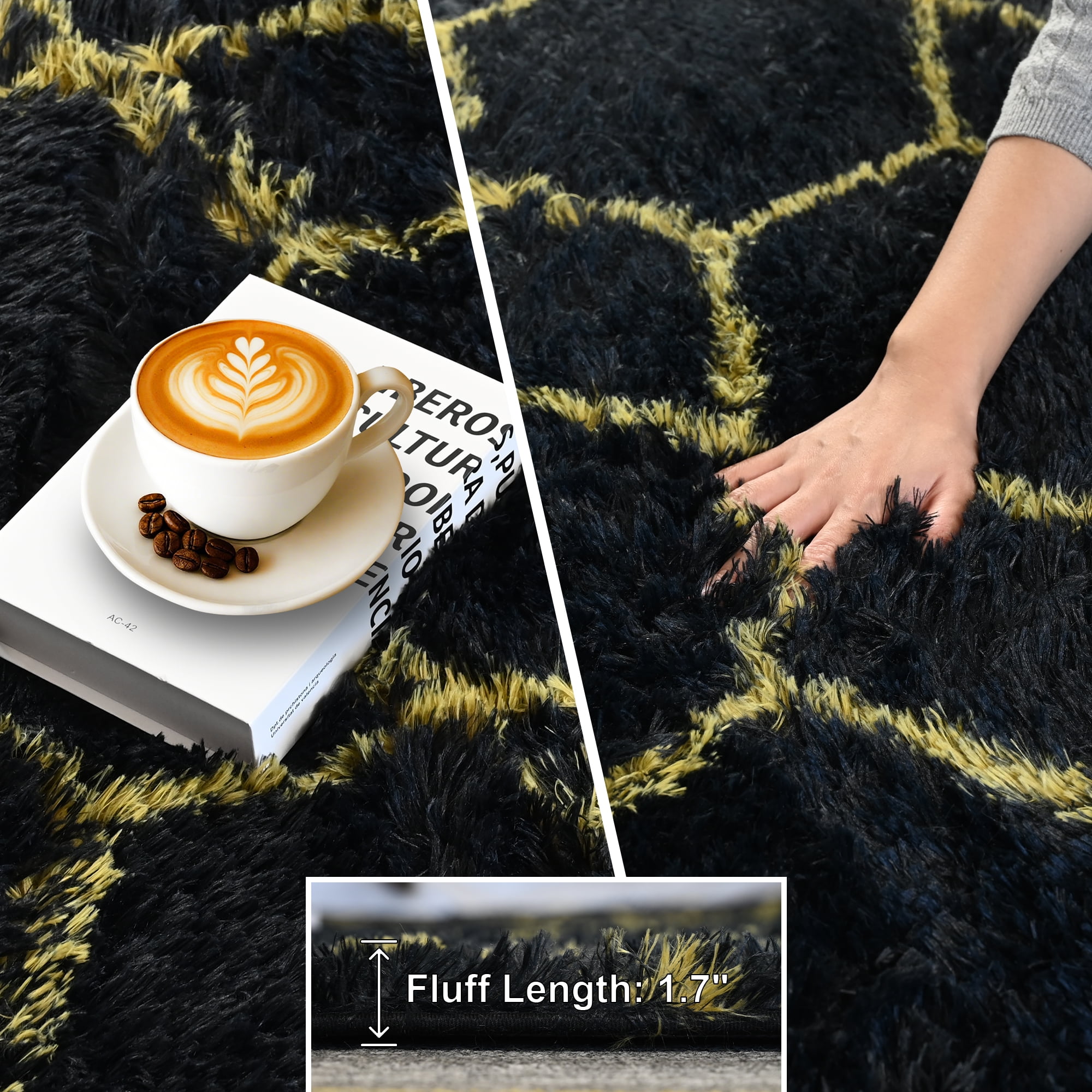 Pentantan 5ft x 8ft Shag Area Rugs for Living Room, Modern Geometric Fluffy Bedroom Carpet, Black & Gold