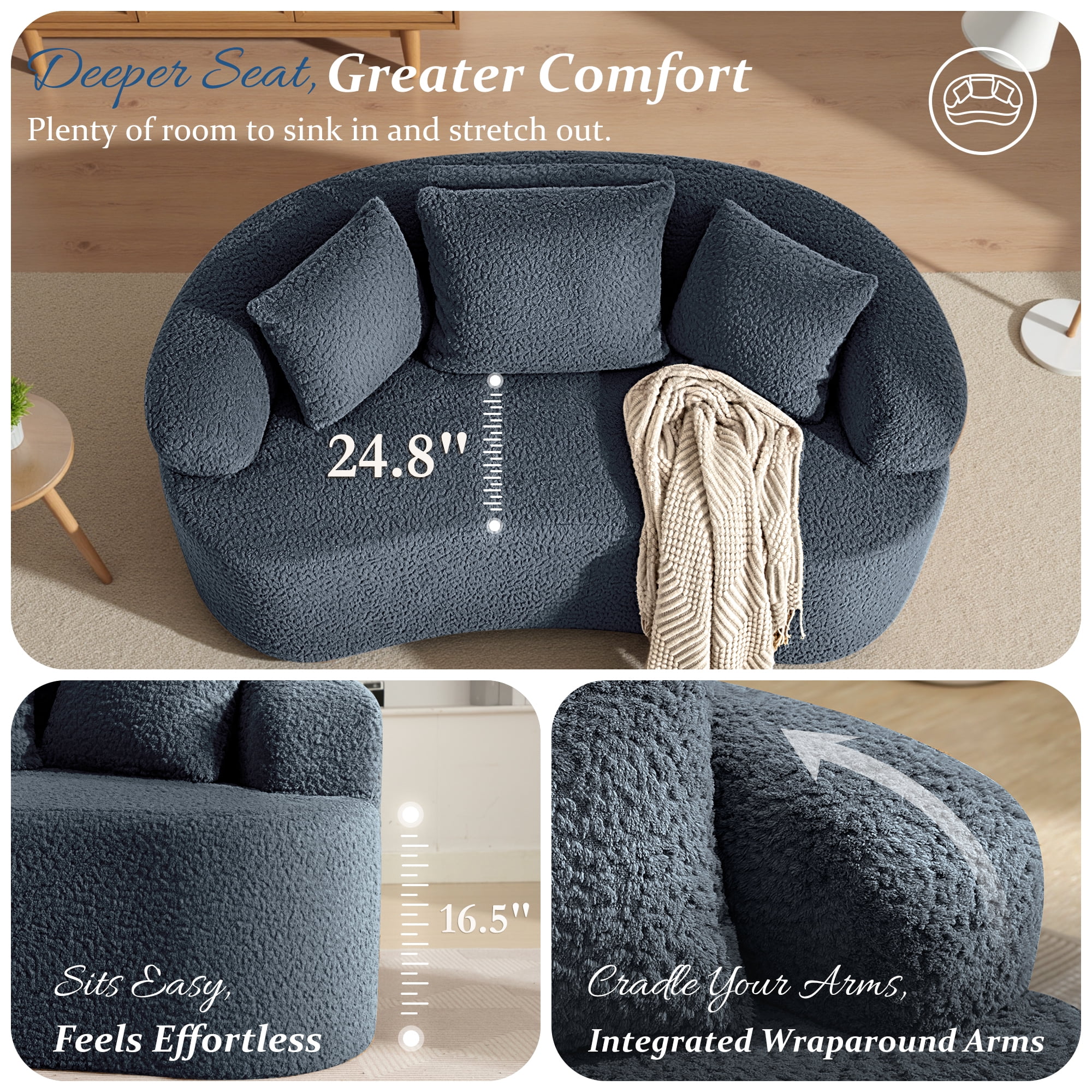 COOLHUT 65" 3 Seater Sofa Couch, Plush Floor Sofa Couch with Cozy Cushions & 3 Pillows, Curved Back Teddy Fabric Sofa for Living Room, Small Space, Navy Blue (Sofa-in-a-Box)