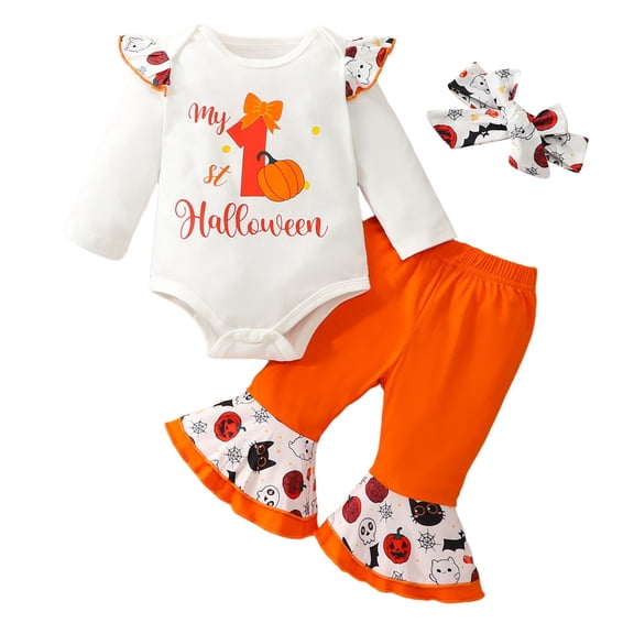 REDARER Baby Girls 3 Piece My 1st Halloween Outfit Ruffle Long Sleeve Bodysuit Flare Pants Ghost Pumpkin Cat Spider Print Matching Bow Headband Holiday Set,0-3 Months