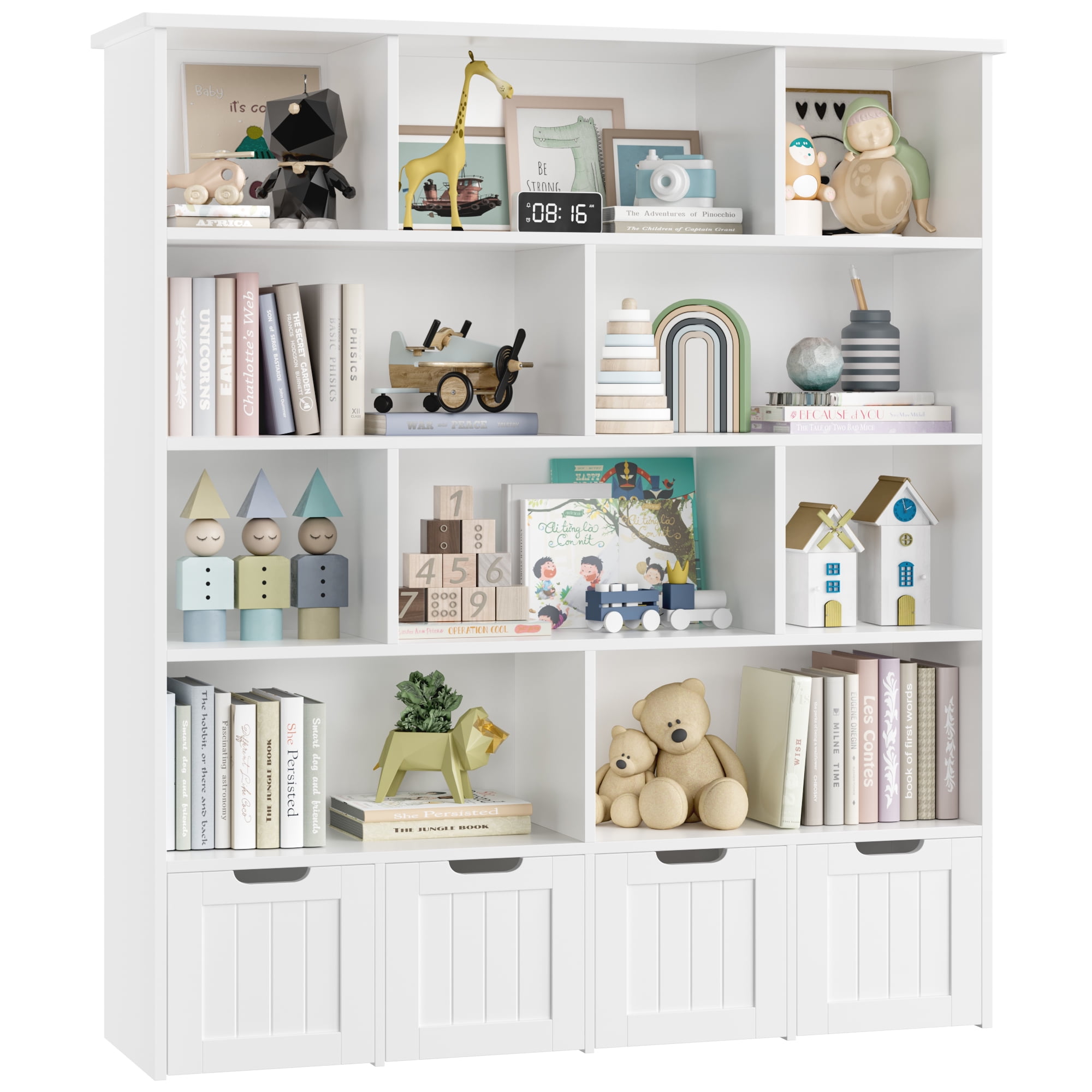 Homfa 10 Cube Toy Storage Organizer, 57.5" Tall Bookcase with 4 Removable Drawers,Bookshelf for Kids Room Living Room, White