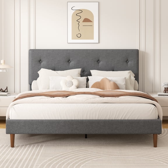 Frostbloom Queen Size Linen Upholstered Platform Bed Frame with Adjustable Headboard, Gray