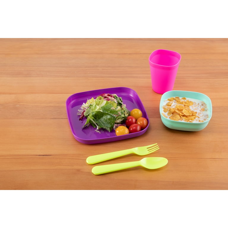 Your Zone Kids Plastic Dinnerware Set with Plates Bowls Trays Cups