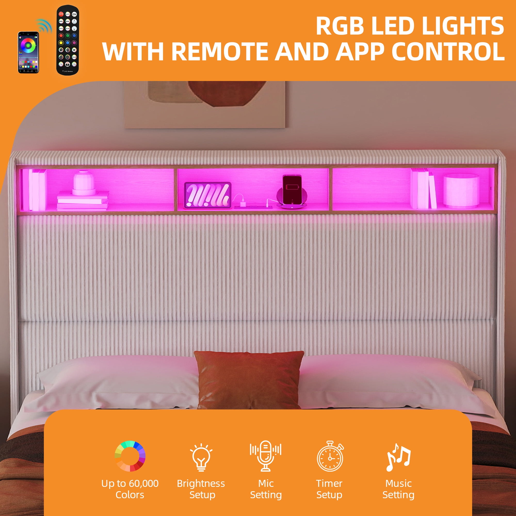 Craftian King Size Upholstered Bed Frame with LED Lights & Charging Station, Platform Bed Frame with Tall Headboard, White