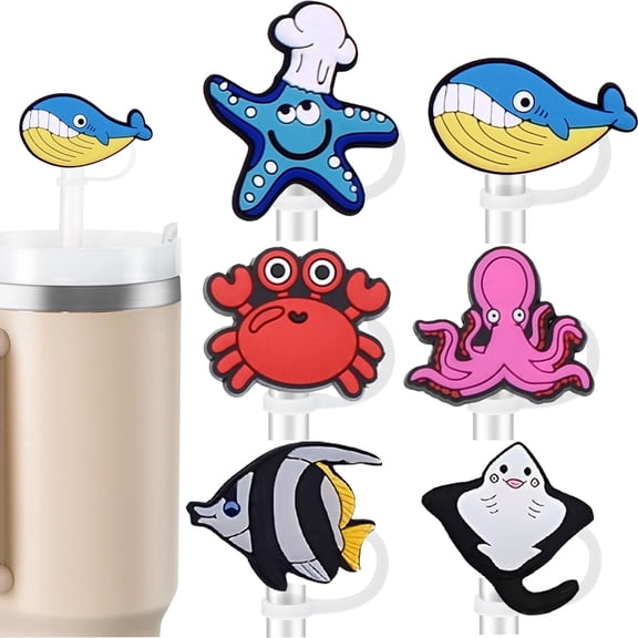 6PCS Straw Covers for Stanley Cup Tumbler 30 oz / 40 oz Leak Proof Straw Toppers 10mm Silicone Sea Animal Straw Topper Caps for Stanley Cup Accessories-Marine Wildlife