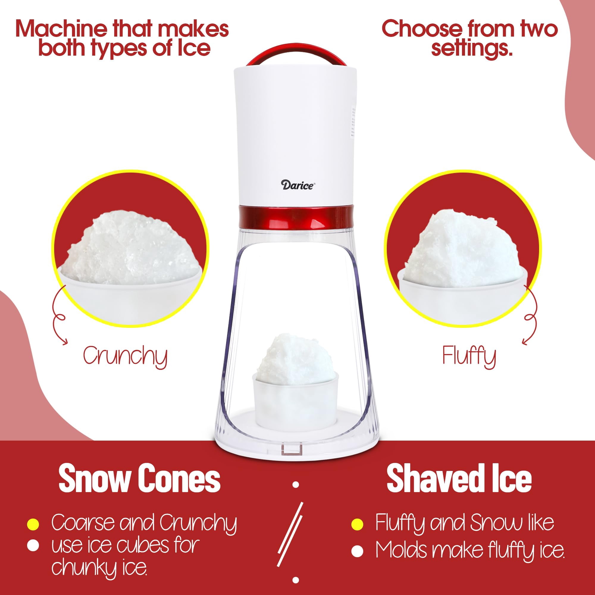 Darice Shaved Ice Machine – Crushed Ice Maker with 2 Ice Containers – Ice Shaver Machine for Fine and Coarse Ice – Ice Maker Crushed Ice for Slushie, Snow Cones, Cocktails, Drinks