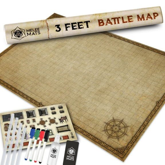 Melee Mats DND Map Starter Kit for Dungeons & Dragons Game - 24” x 36", Wet/Dry Erase Battle Terrain Grid - Ultimate Tabletop Gaming Experience with Accessories