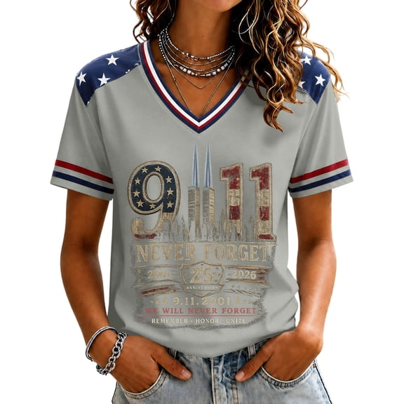 KDDYLITQ Patriotic Shirts for Women Vintage 911 Memorial Never Forget Flag Tops Short Sleeve V Neck 25th Tshirt Gray S
