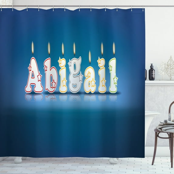 Abigail Shower Curtain, Alphabet Letters for Sweet Birthday Cake Topping on Blue Backdrop Image, Fabric Bathroom Set with Hooks, 69W X 75L Inches Long, Blue and Multicolor, by Ambesonne