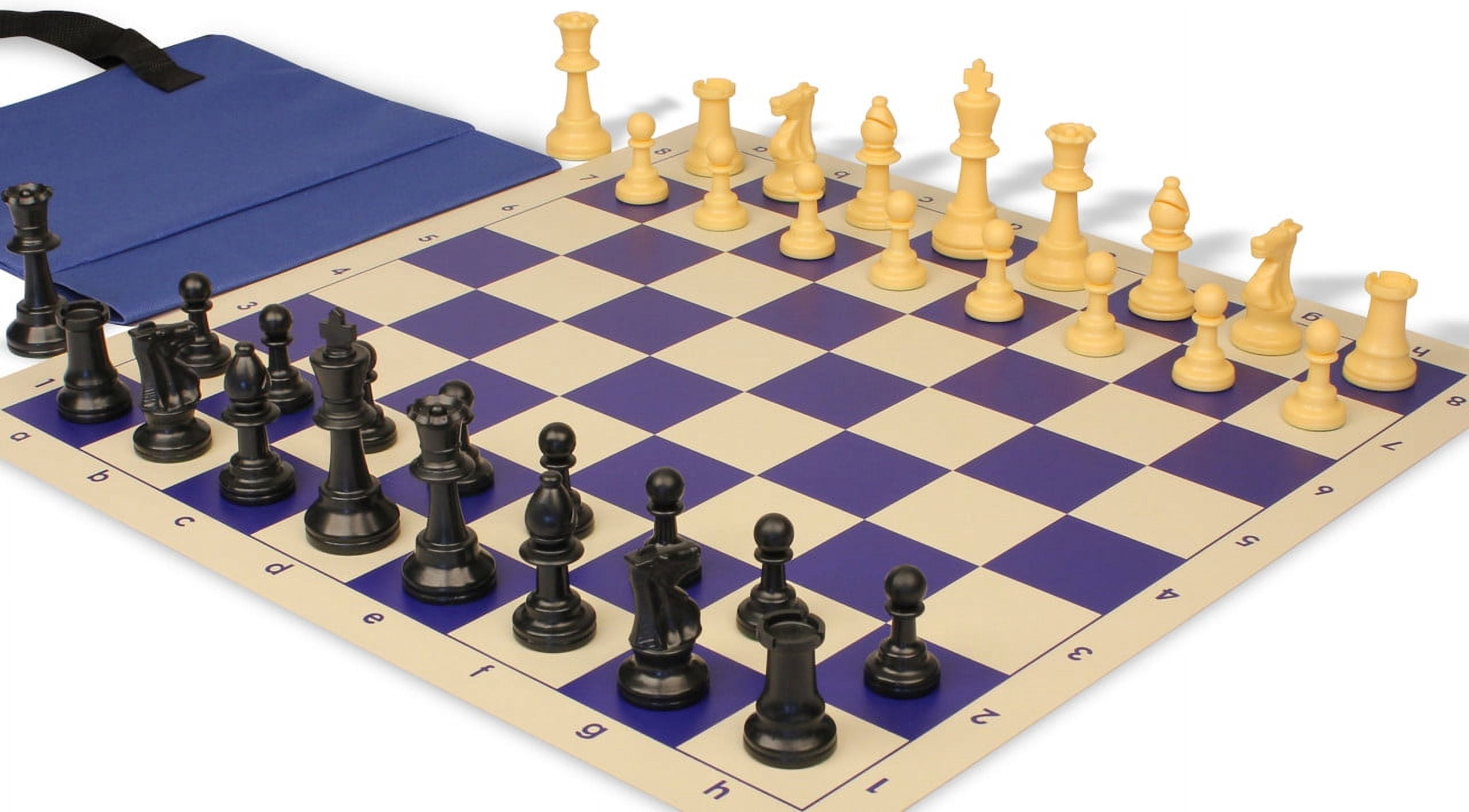 Standard Club Easy-Carry Plastic Chess Set - Black & Camel Pieces with Vinyl Rollup Board - Blue