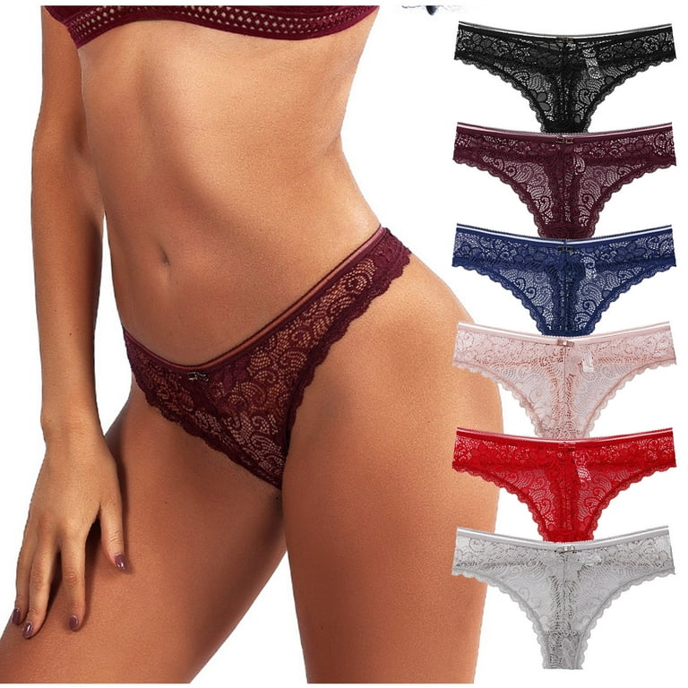 FINETOO 6 Pack Lace Underwear For Women Invisible High Waist Thongs V-Shape  Embroidery Floral Bikini Panties S-XL