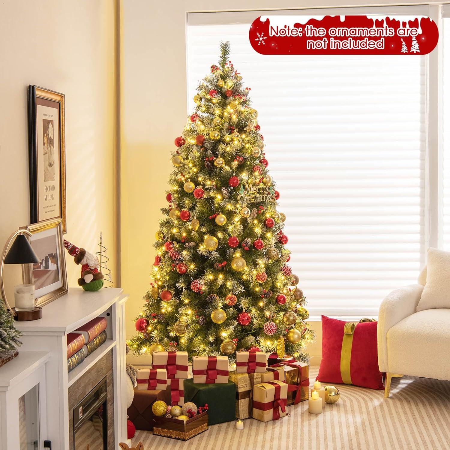 Gymax 6.5’ Xmas Artificial Tree Decor Hinged 207 Red Berries and 420 Warm LED Lights