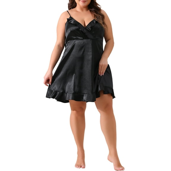 Agnes Orinda Plus Size Nightgown for Women Satin Erogenous Lingerie V-Neck Sleeveless Ruffle Trim Cami Dress Sleepwear 1X Black