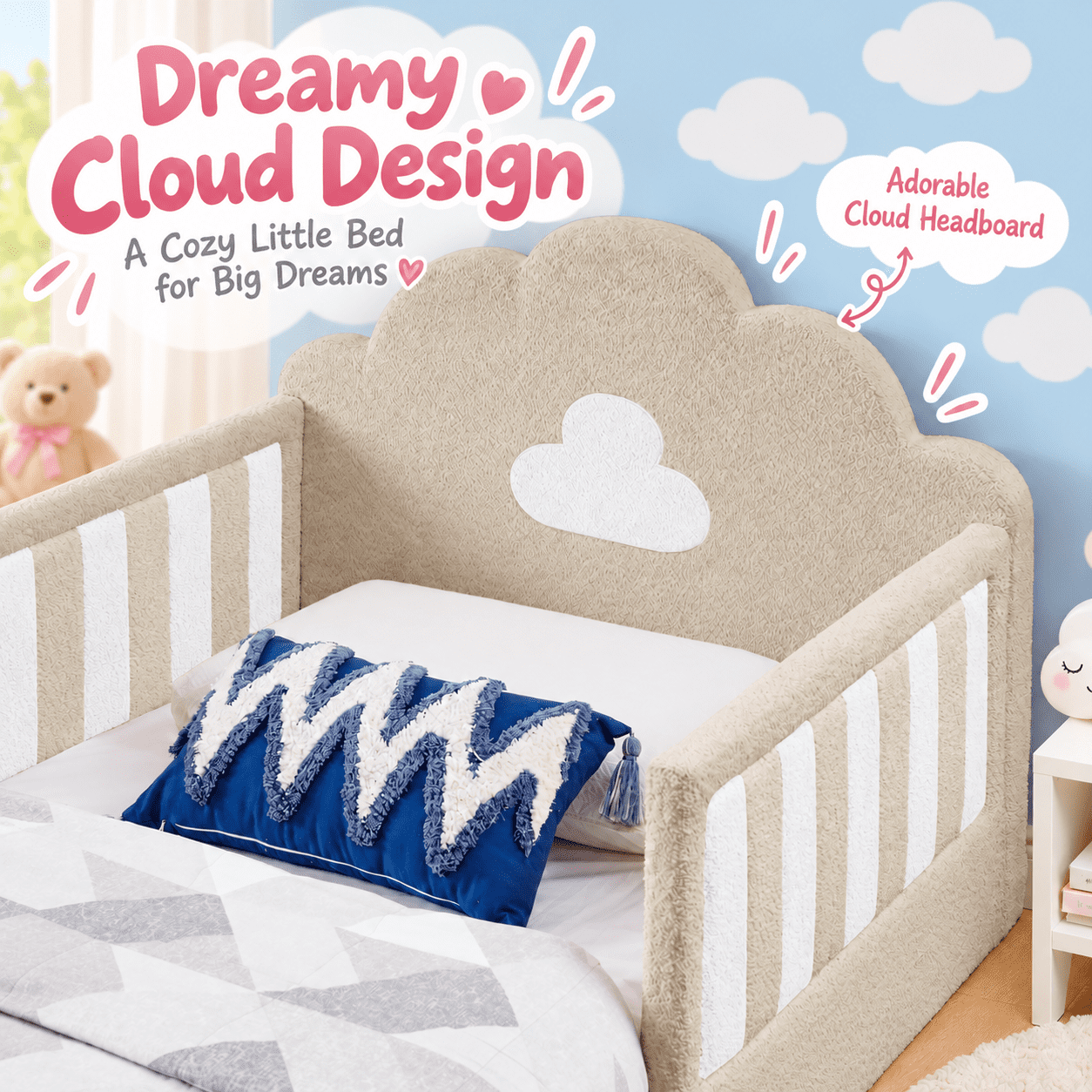 Wakefit Twin Size Kids Cloud Bed with Safety Guardrails,Boucle Upholstered Platform Bed Frame with Wood Slats,Cute Daybed for Girls Boys Bedroom,Camel