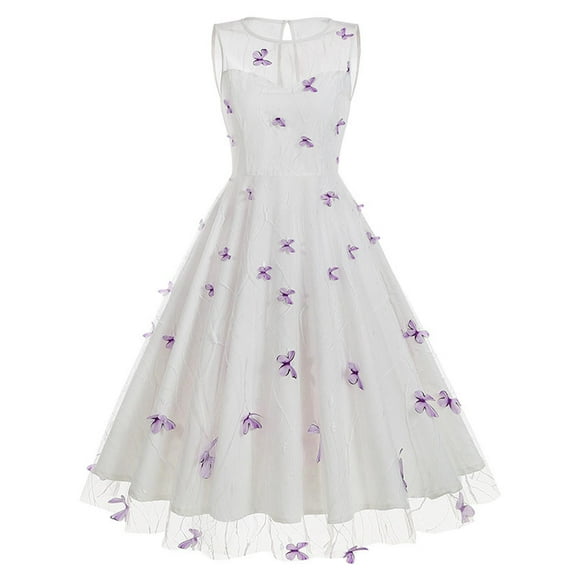 Butterfly Applique Rockabilly Dress Women's Summer Elegant Party Dress Mesh Sheer Backless Swing A-line Dress