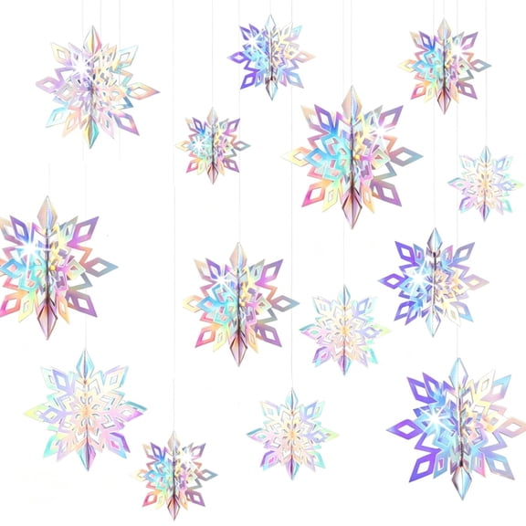 Christmas Hanging Snowflakes Decorations 3D Iridescent Paper for Party 12 Pcs