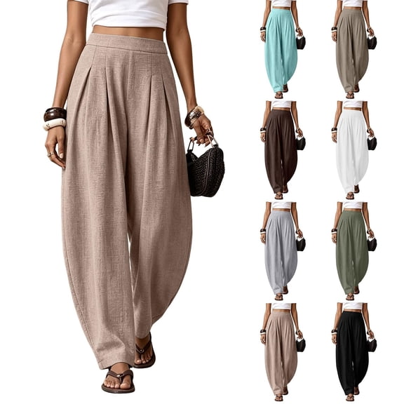 VV AVEORS Womens Linen Cotton Balloon Pants Baggy Barrel Trousers Wide Leg High Waisted Harem Cropped Ankle Length Boho Palazzo Black S