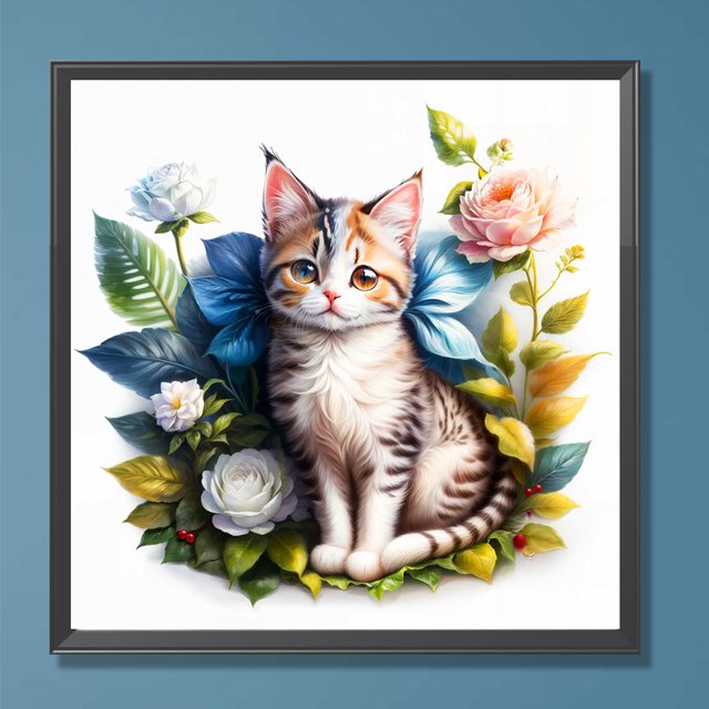 Pintura de diamante 5D DIY Taladro redondo completo Flor Marco Gatito Arte Artesanal (HQ031) Hugtrwg Para estrenar