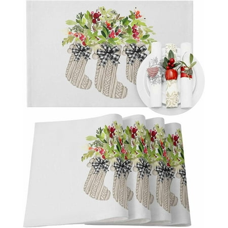 

Christmas Placemats Set of 6 Christmas Socks Buffalo Plaid Bow Christmas Placemats for Dining Table Red Berry Table Mat Winter Holiday Home Party Kitchen Table Decorations