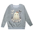 thumbnail image 3 of Krdevn Kids Lace Hem Ghost Bow Floral Leaf Bat Graphic Crewneck Sweatshirt Long Sleeve Casual Pullover Top for Halloween Holiday Outfit Grey,4-5 Years, 3 of 4