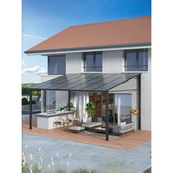 12’ x 14’ Gazebo, Wall Mounted Gazebos Pergola, Aluminum Frame, Outdoor Patio Lean to Gazebo Awnings for Deck, Porch, Backyard and More