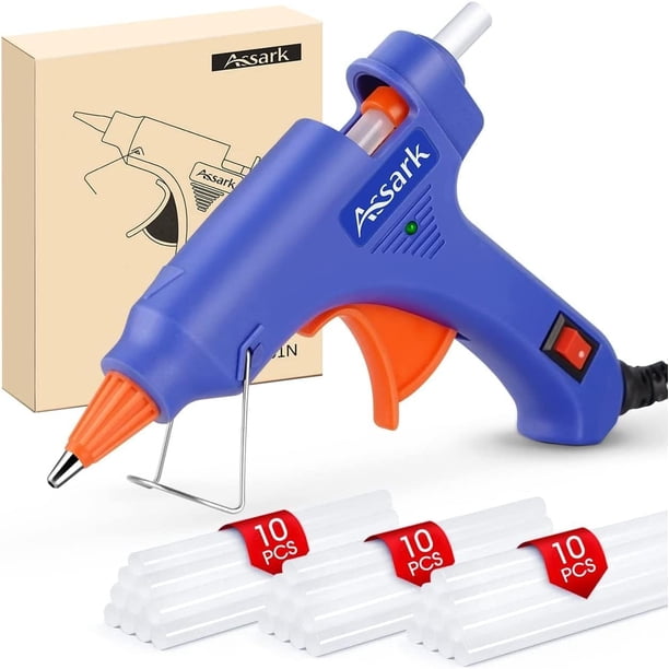 Pistola de silicona caliente Assark de 20 W con 30 barras de silicona azules