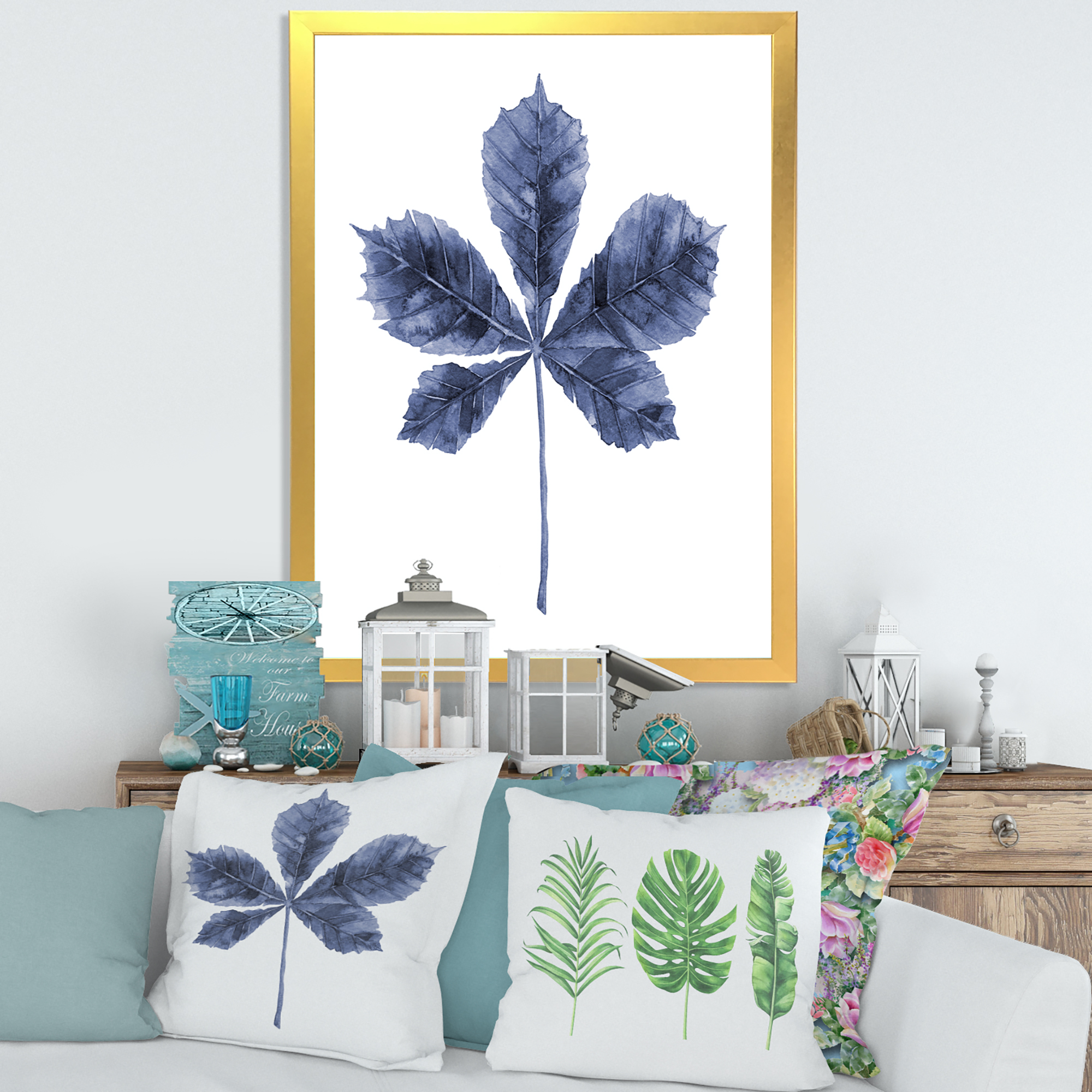 Designart 'Navy Blue Chestnut Leaf On White' Traditional Framed Art Print