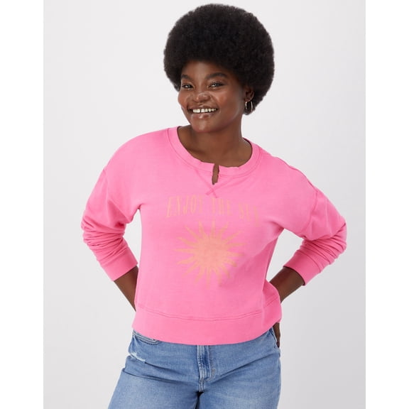 Hanes Women's Garment Dyed French Terry Sweatshirt, Enjoy the Sun Reef Pink M