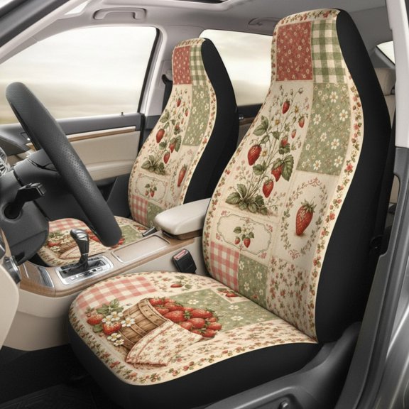 Emacom Ltd Strawberry Patchwork Car Seat Covers, Floral Berry Quilt Auto Seat Protectors, Cottagecore Car Interior Decor