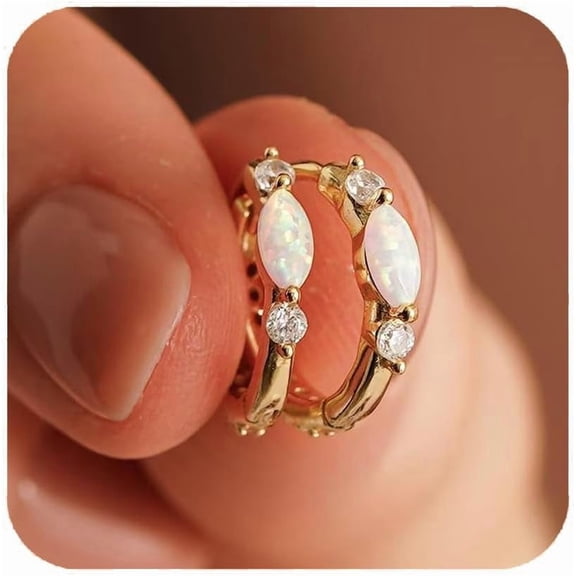 Gold Opal Huggie Earrings for Women, Minimalist Small Hoop Earrings with Zircons