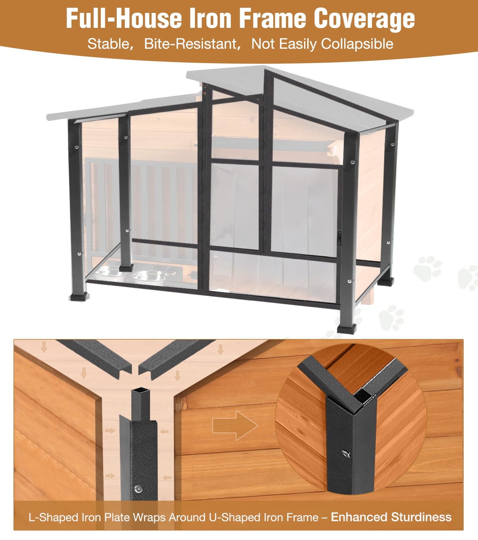 MEDEHOO Heated Dog House Outdoor with Electric Heating Pad, Insulated Wooden Dog Kennel with 360° Rotating Feeding Bowl, Anti-Chewing Metal Frame, Natural Wood Color