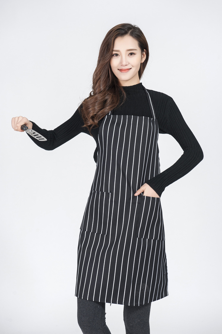 1 Piece Pack, Kitchen Apron with 2 Pockets, Cooking Apron for Women Men, Chef Aprons for Home, Commercial, Restaurant Kitchen, Black and White Pinstripe