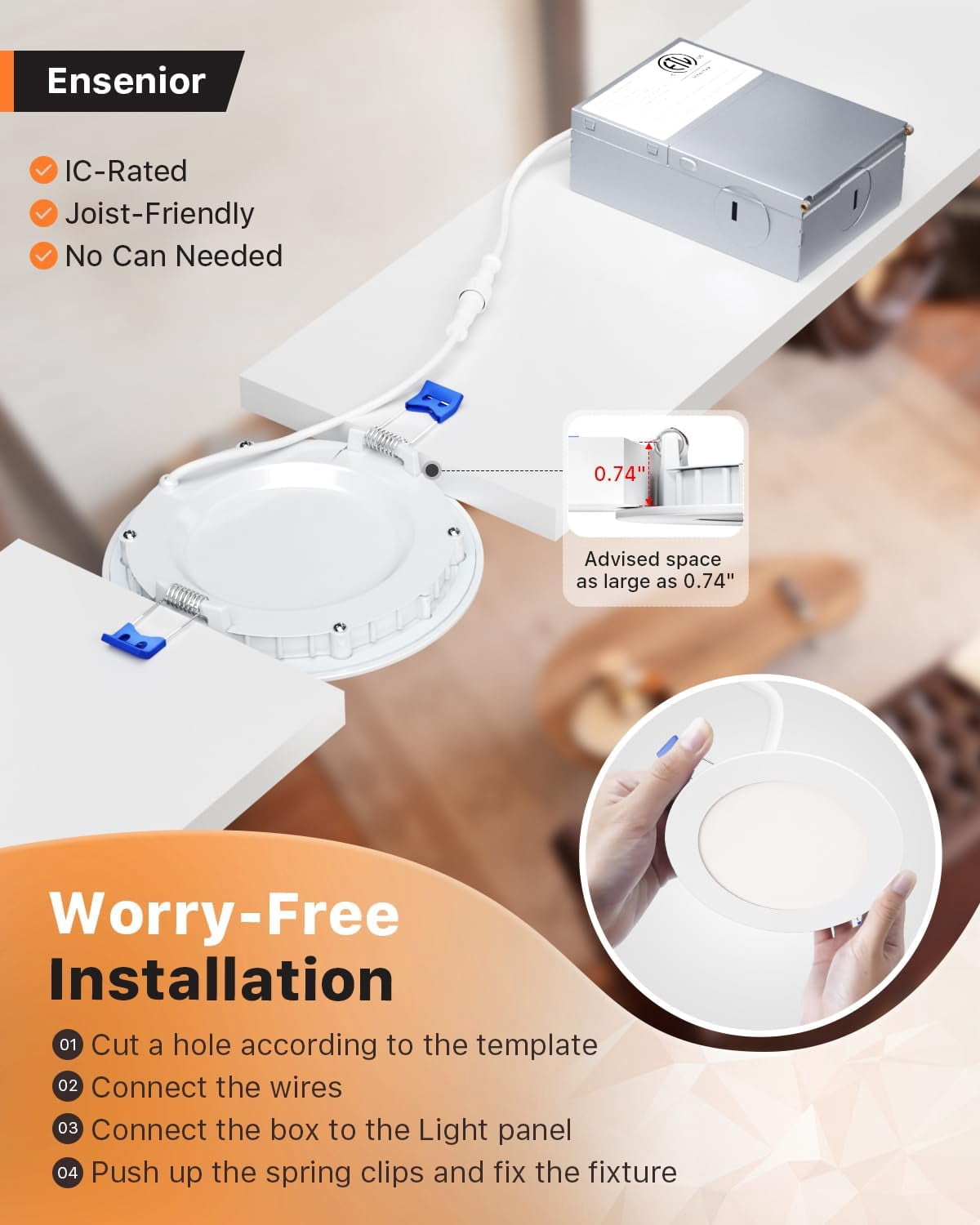 Ensenior 12 Pack 4 Inch LED Recessed Ceiling Light, Dimmable, 2700K-5000K 5CCT, 750LM 9W 120V, High Brightness Canless Wafer Downlight - ETL&FCC&IC