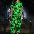 thumbnail image 5 of Halloween Pajamas Women Full Theme Printed Silk Satin 2 Pc Short Sleeve Button Down Lapel Pocket Shirts Loose Straight Casual Pants Comfy Nightwear Fall Winter Loungewear Sets Woman Green XL, 5 of 7