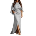 thumbnail image 2 of Womens Satin Formal Maxi Dress Batwing Sleeve Ruched Waist Side Slit Evening Gown with Pockets, Elegant Wedding Guest Dress for Party Banquet Prom Light Gray L, 2 of 6