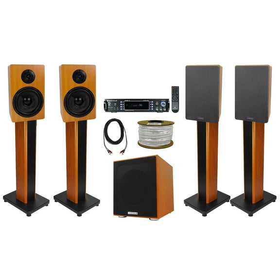 Rockville Bluetooth Home Receiver (4) 6.5" Wood Bookshelf Speakers Stands Sub   Rockville R14GSBR100 Red/Blk 14 Gauge 100' Ft. Mini Spool Car Audio Speaker Wire