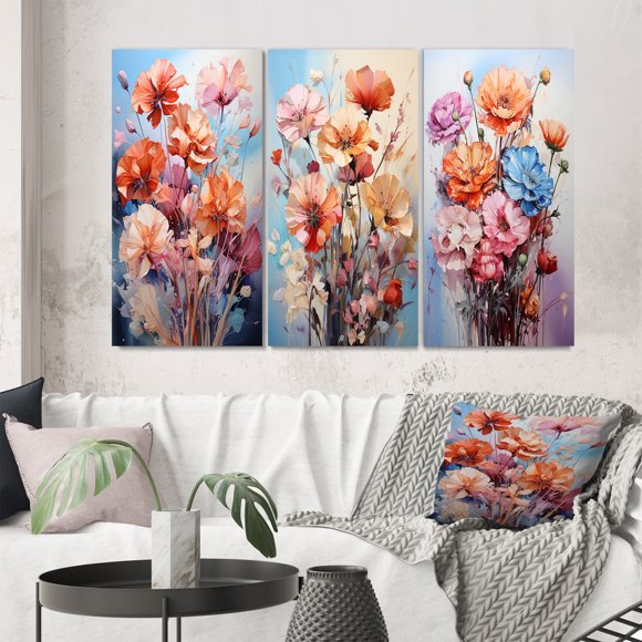 Designart "Carnations Representation Colorfuled Acrylic III" Floral & Botanical Wall Art Set Of 3 - Peach Carnations Canvas Set For Living Room Decor