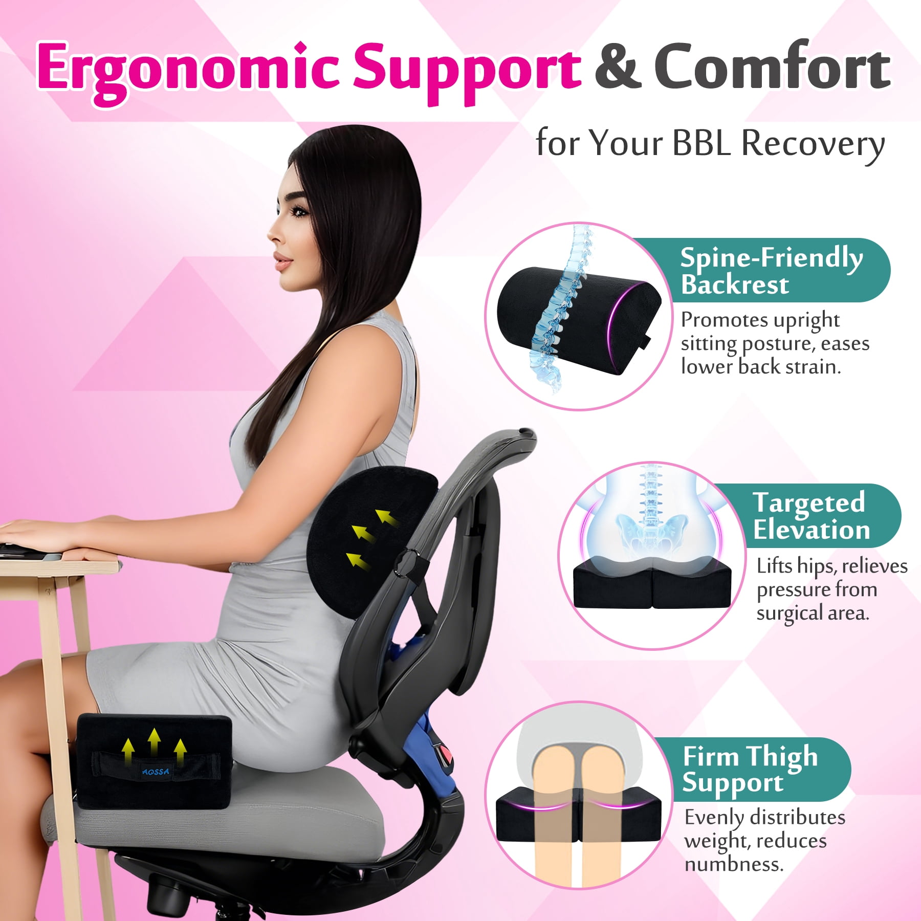 Butt Support Pillow with Back Cushion – Firm BBL Sitting Pillow with Velvet Cover, Foldable Design, Fits Office Chair, Car Seat, Travel Use