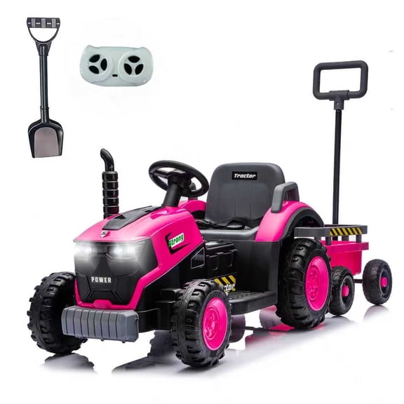 iRerts 12V Ride on Tractor with Detachable Garden Cart, Kids Ride on Toys with Remote Control, Bluetooth, Music, Radio, Battery Powered Electric Cars Tractor for Kids Boys Girls, Magenta