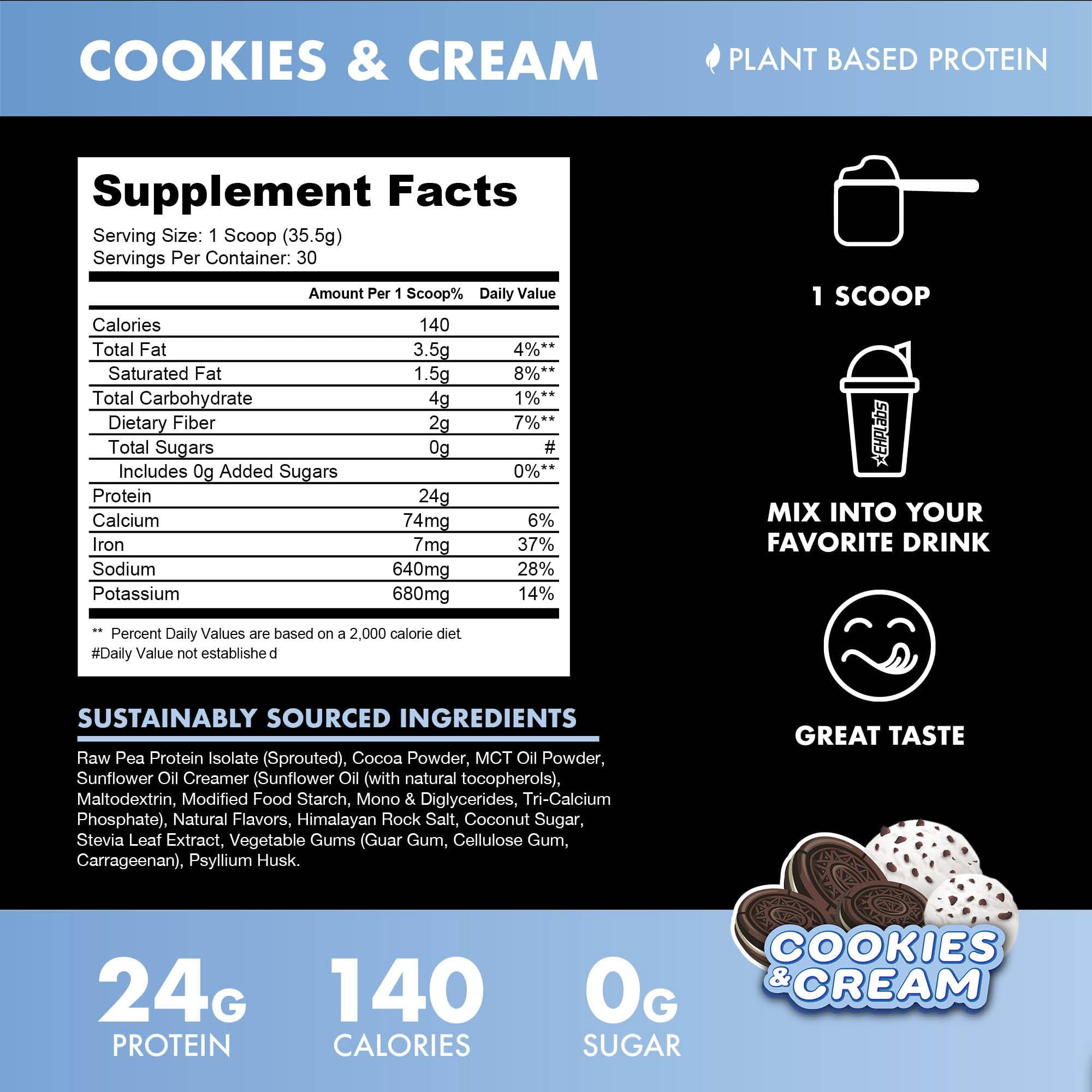 Blessed Vegan Protein Powder - Plant Based Protein Powder Meal Replacement Protein Shake, 23g of Pea Protein Powder, Dairy Free, Gluten Free, Soy Free, No Sugar Added, 30 Servings (Cookies & Cream)