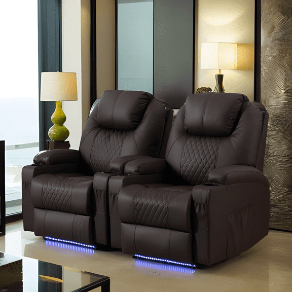 QJTC Power Massage Recliner Chair with LED Ambient Lighting, PU Leather Lazy Sofa, Electric Home Theater Seating, Massage & Heat Sofa with Cup Holders for Living Room, (Set of 2, Brown)