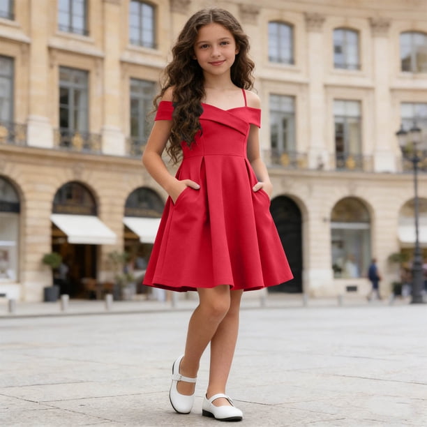 red junior bridesmaid dresses Jinhomg Girls Summer Off Shoulder Dress Fold Pleated Elegant A-Line Dress Evening Party Formal Gown with Pockets 6-14 Years 13 Stylish Flat Shoes 26/8/25 Corduroy Dress Color:Black Textured Cotton