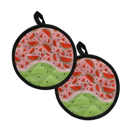 

Xoenoiee Pot Holders Pack of 2 Heat Resistant Hot Mat Machine Washable Potholders Soft Quilted Cotton-like Linging Trivet 8 Inch Round Kitchen Decor Watermelon Pink Green